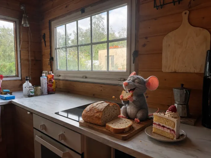 Muis met voeding op het aanrecht